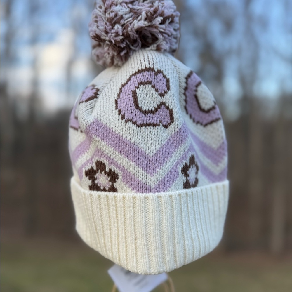 Coach NWT Cream and Purple Knit Beanie - Picture 1 of 3